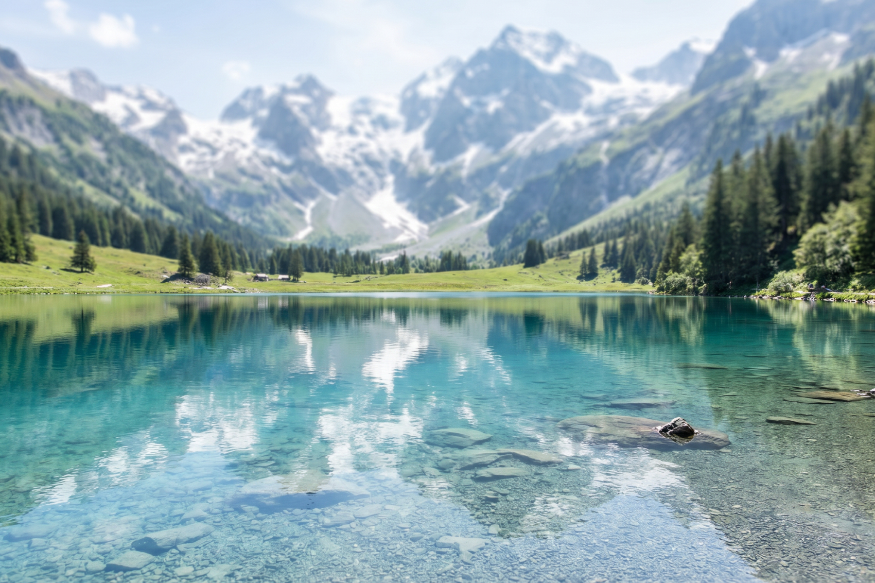 Ein See in den Bergen umgeben von Gipfeln und Wäldern