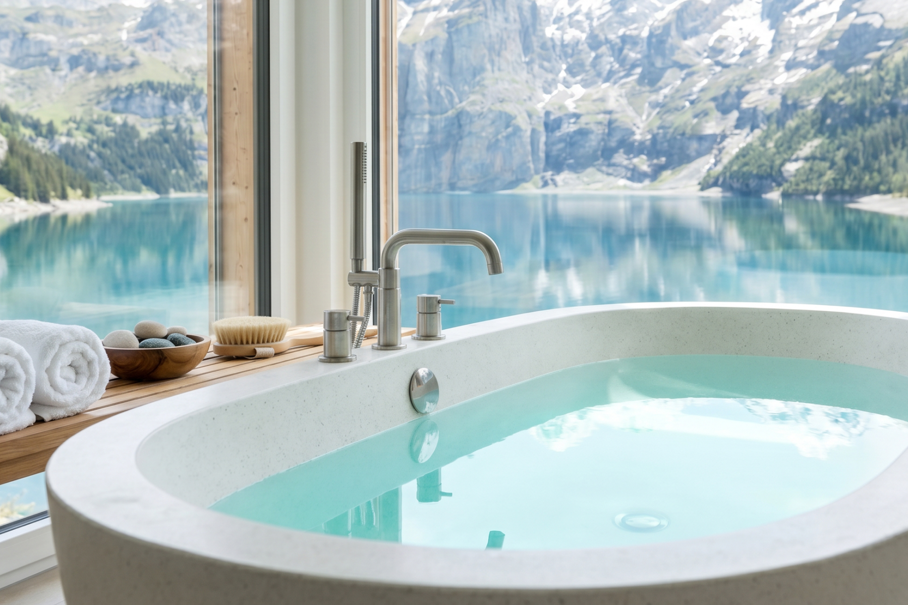 Pflegeutensilien wie Schwamm und Bürste liegen auf dem Rand einer Badewanne, die gefüllt ist und Schaum hat