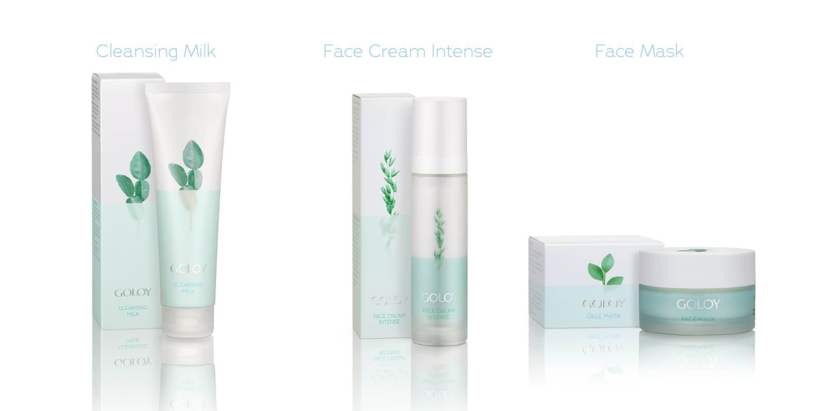 Die Drei Produkte Cleansing Milk, Face Cream Intense und Face Mask von Goloy nebeneinander und der Name steht jeweils darüber in hellblauer Schrift.